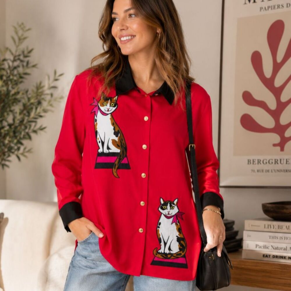 Bob Mackie Wearable Art Vintage Early 2000s Red Silk Button Down Calico Cats Y2K